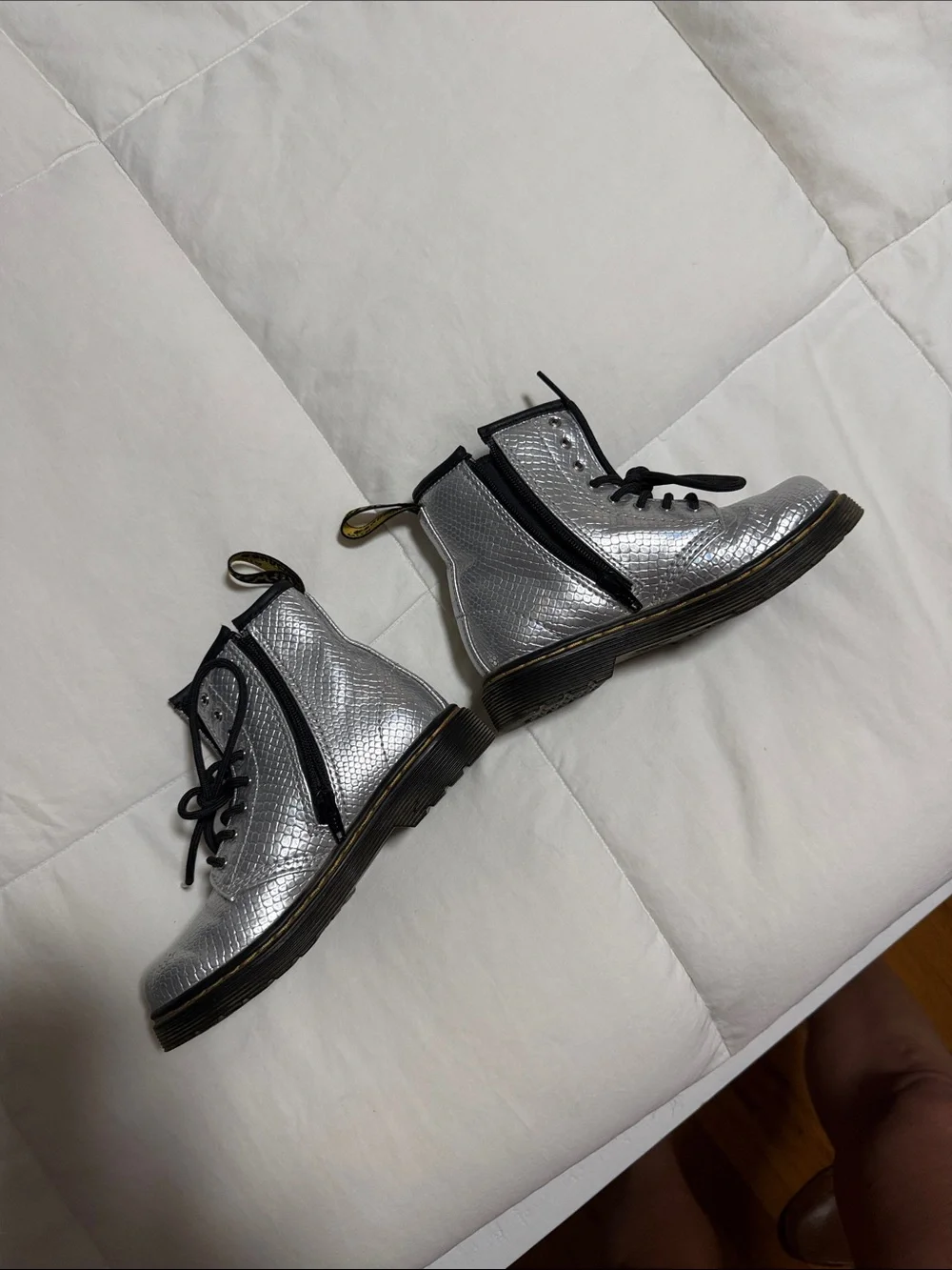 Dr. Martens Silver Snake-Embossed Kids Lace-Up Boots